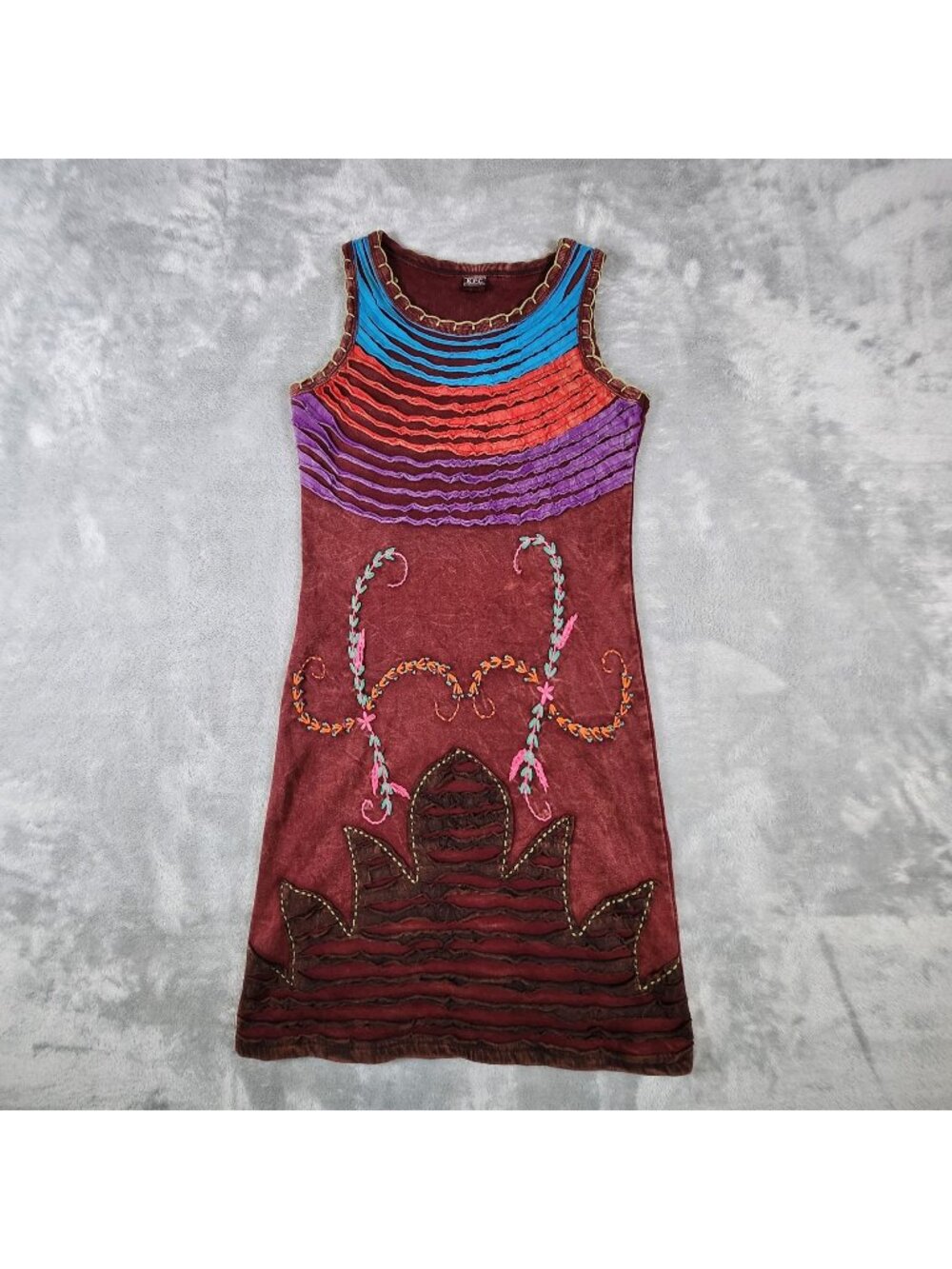 KPC Nepal Embroidered Sleeveless Dress Colorful Small Festival Hippie Boho Artsy